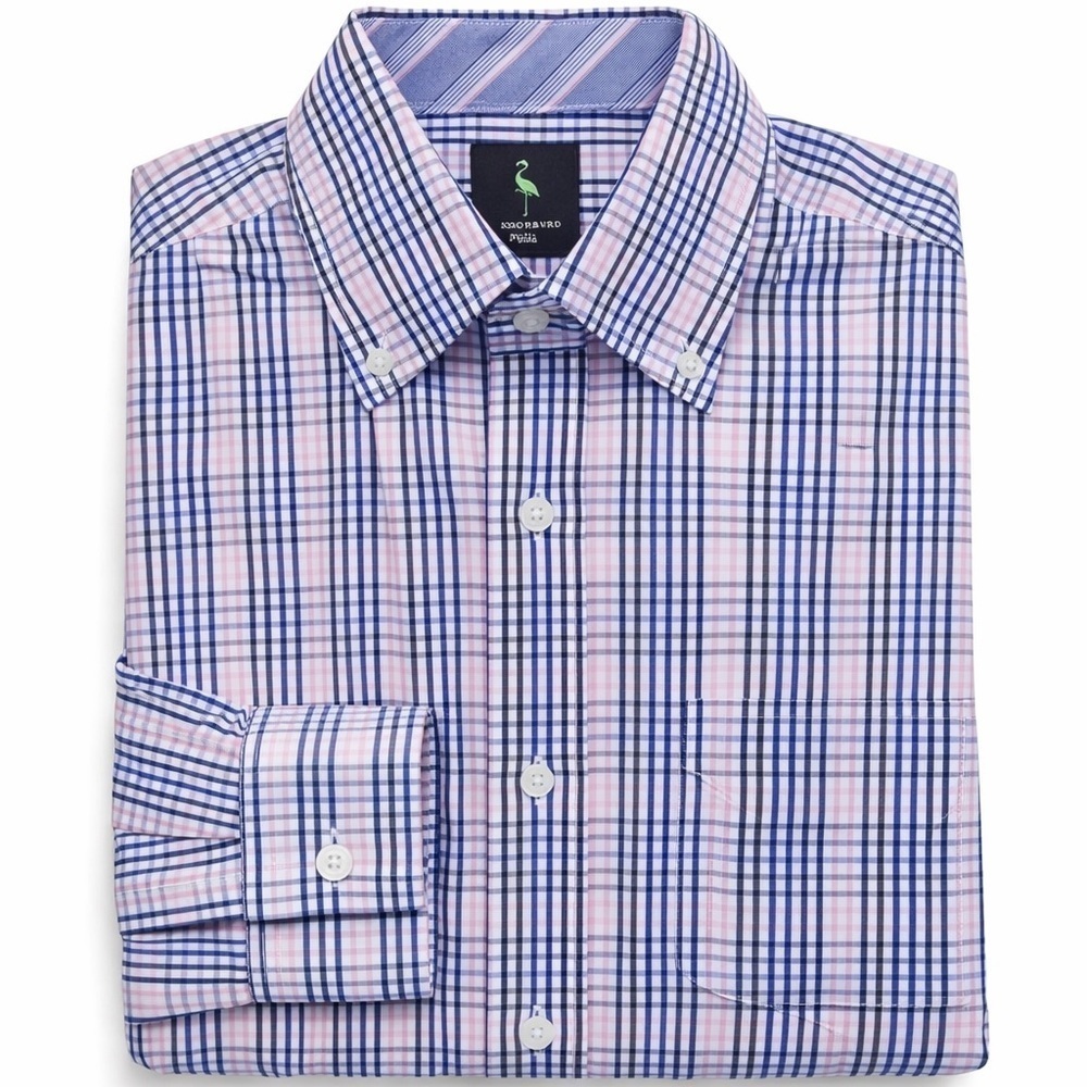 Tailorbyrd Men’s Medium Pink Blue Plaid Button-Down Shirt Flamingo Logo